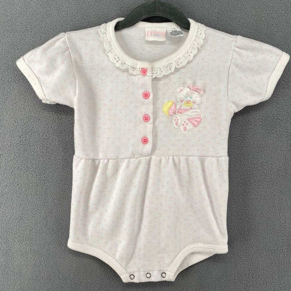 Vtg 80s 90s Honors Baby Playsuit Romper 24mo White Pink Bear Applique Cute Retro